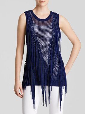 TORN BY RONNY KOBO Ronja Navy Fringed Knit Top Size S NWT $348